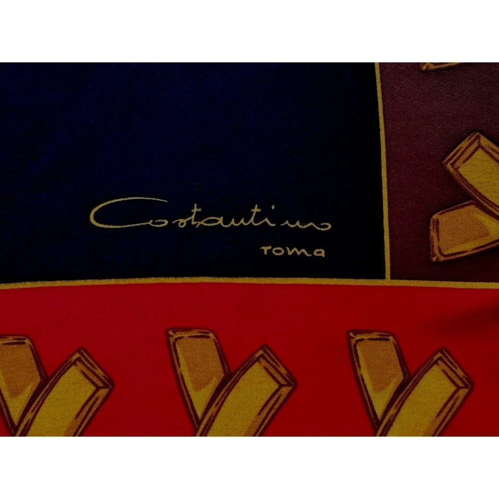 Costantino Roma VTG 100% Silk Scarf Black Red Gold Italy 34in Square Foulard